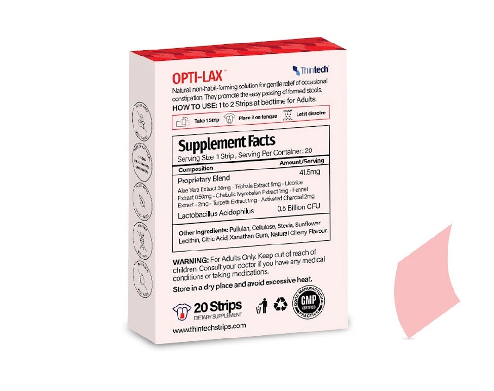 Thintech Opti-Lax 20 Oral Strips | شرائح فموية لتخفيف الإمساك – كرز